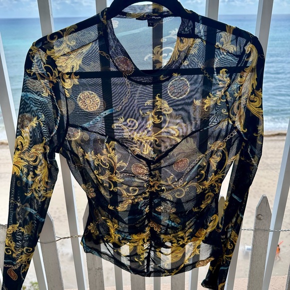Fashion Nova Tops - Fashion Nova Black Mesh Long Sleeve Top with Gold Baroque Print
